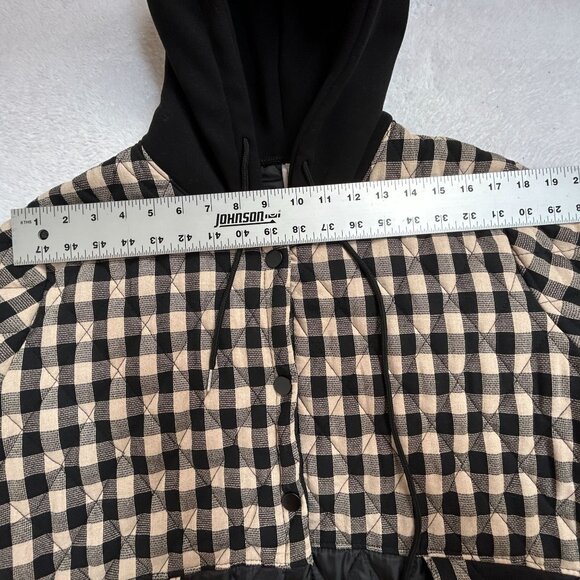 Fashion Classic Collection Women's Hooded Checkered Quilted Jacket Black Beige - Picture 4 of 6